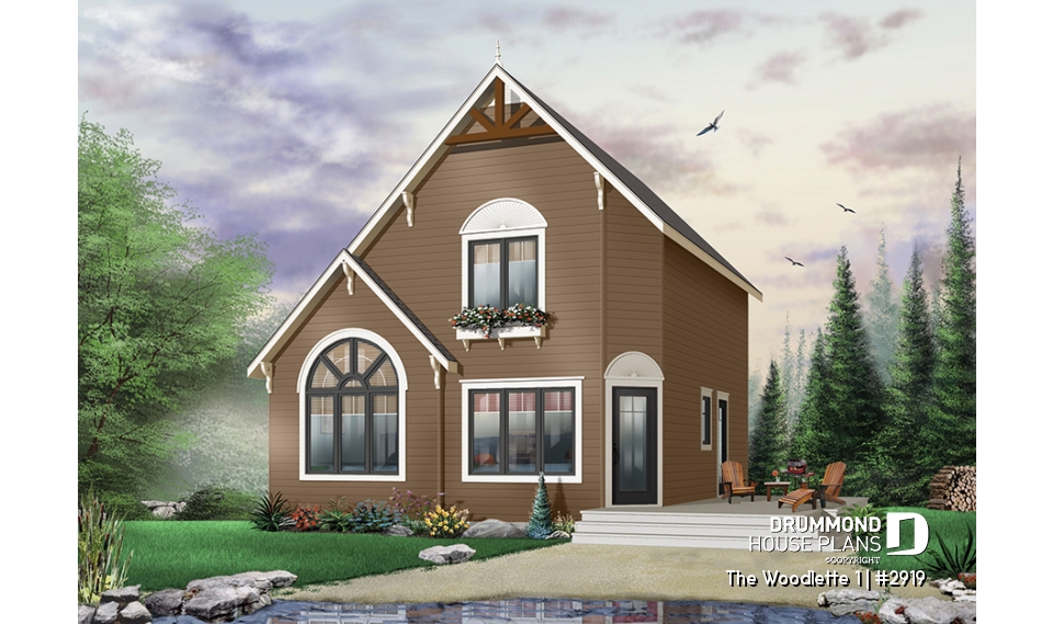 Color version 7 - Front - 2 to 3 bedroom affordable modern style house plan, lots of natural light, cathedral ceiling + mezzanine - The Woodlette 1