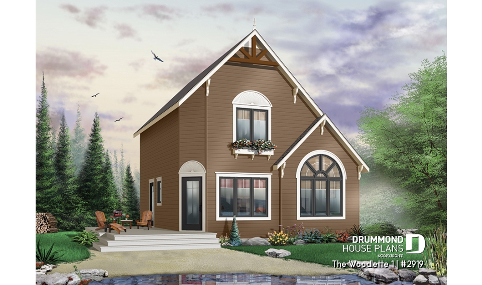 Color version 7 - Front - 2 to 3 bedroom affordable modern style house plan, lots of natural light, cathedral ceiling + mezzanine - The Woodlette 1