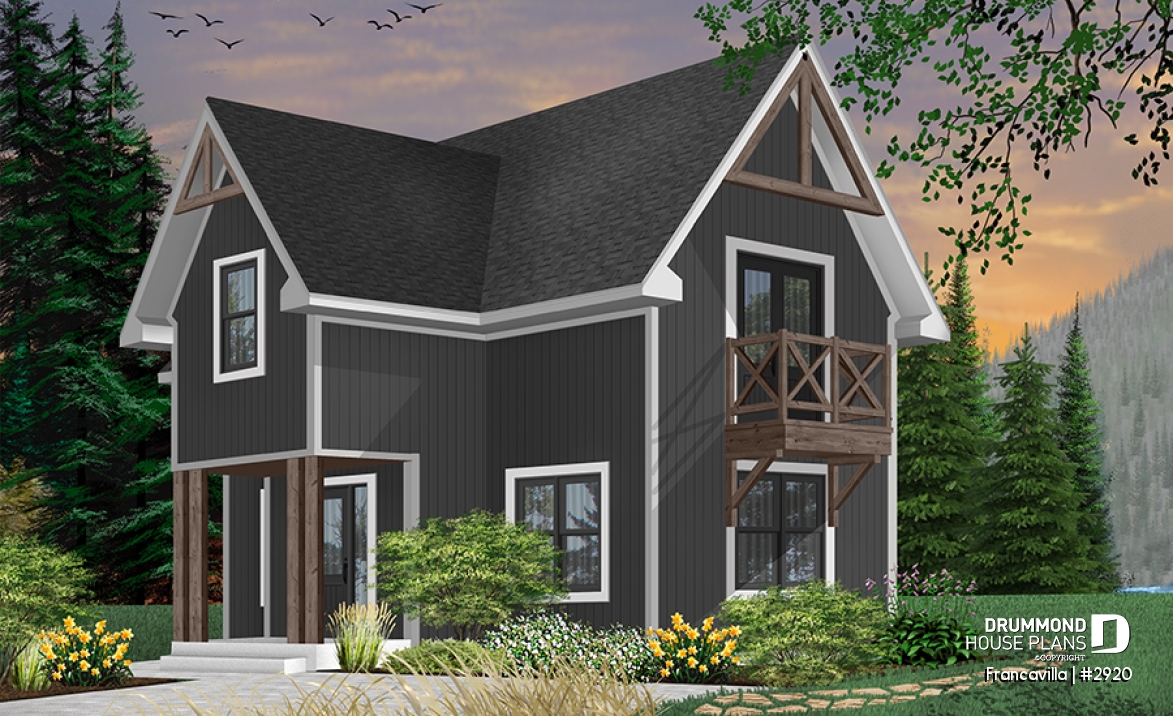 Color version 1 - Front - Modern rustic cottage plan with 3 bedrooms, large central fireplace, laundry room on second floor - Francavilla
