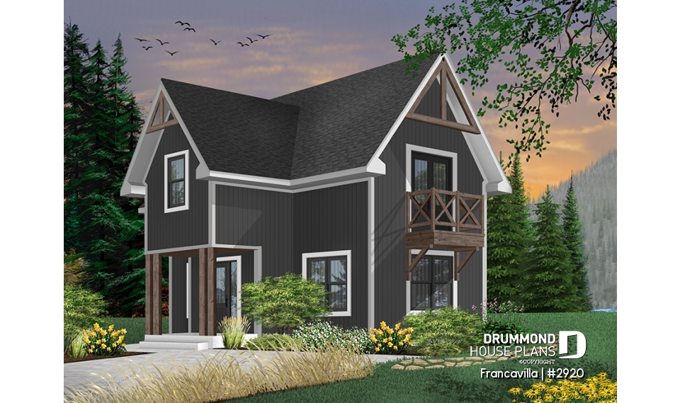 Color version 1 - Front - Modern rustic cottage plan with 3 bedrooms, large central fireplace, laundry room on second floor - Francavilla