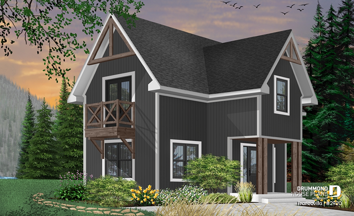 Color version 1 - Front - Modern rustic cottage plan with 3 bedrooms, large central fireplace, laundry room on second floor - Francavilla
