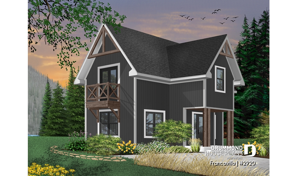 Color version 1 - Front - Modern rustic cottage plan with 3 bedrooms, large central fireplace, laundry room on second floor - Francavilla