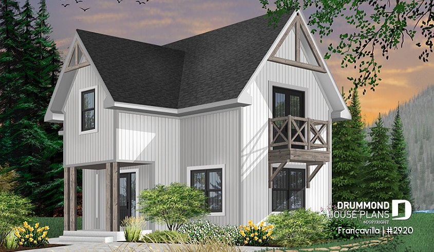 Color version 8 - Front - Modern rustic cottage plan with 3 bedrooms, large central fireplace, laundry room on second floor - Francavilla