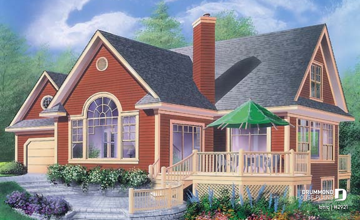 front - BASE MODEL - 4-season vacation home with 2 master suites (total up to 4 bedrooms), 2-car garage, central fireplace - Ionic