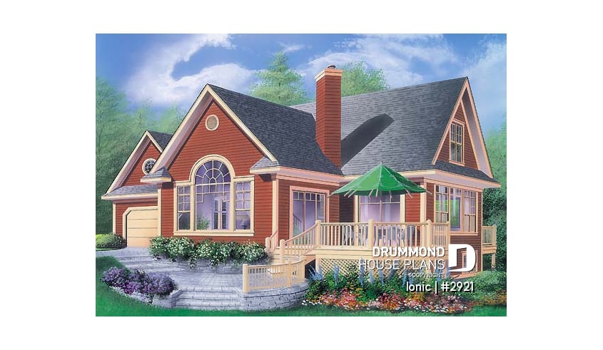 front - BASE MODEL - 4-season vacation home with 2 master suites (total up to 4 bedrooms), 2-car garage, central fireplace - Ionic