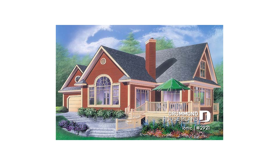 front - BASE MODEL - 4-season vacation home with 2 master suites (total up to 4 bedrooms), 2-car garage, central fireplace - Ionic