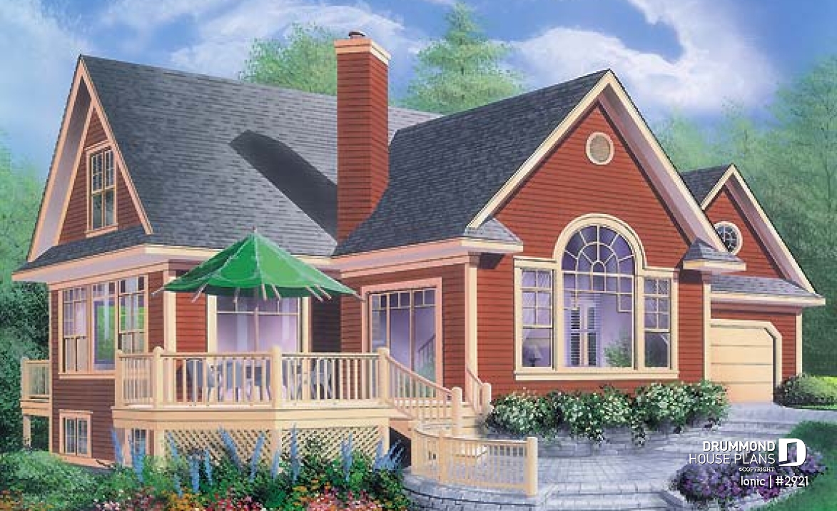 front - BASE MODEL - 4-season vacation home with 2 master suites (total up to 4 bedrooms), 2-car garage, central fireplace - Ionic
