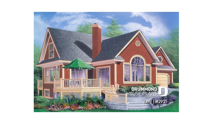 front - BASE MODEL - 4-season vacation home with 2 master suites (total up to 4 bedrooms), 2-car garage, central fireplace - Ionic