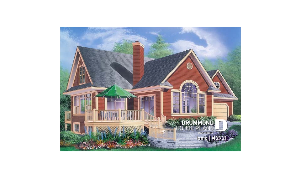 front - BASE MODEL - 4-season vacation home with 2 master suites (total up to 4 bedrooms), 2-car garage, central fireplace - Ionic