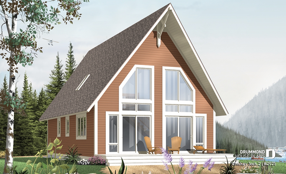 front - BASE MODEL - Affordable A-frame cottage plan, 2 bedrooms + loft, mezzanine, open floor plan, mud room - Whiskey Jack 2