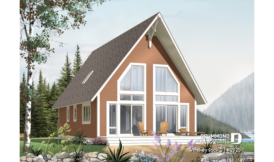 front - BASE MODEL - Affordable A-frame cottage plan, 2 bedrooms + loft, mezzanine, open floor plan, mud room - Whiskey Jack 2