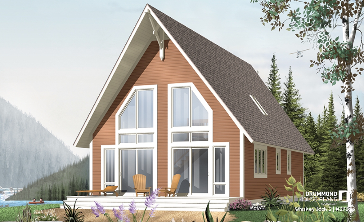 front - BASE MODEL - Affordable A-frame cottage plan, 2 bedrooms + loft, mezzanine, open floor plan, mud room - Whiskey Jack 2