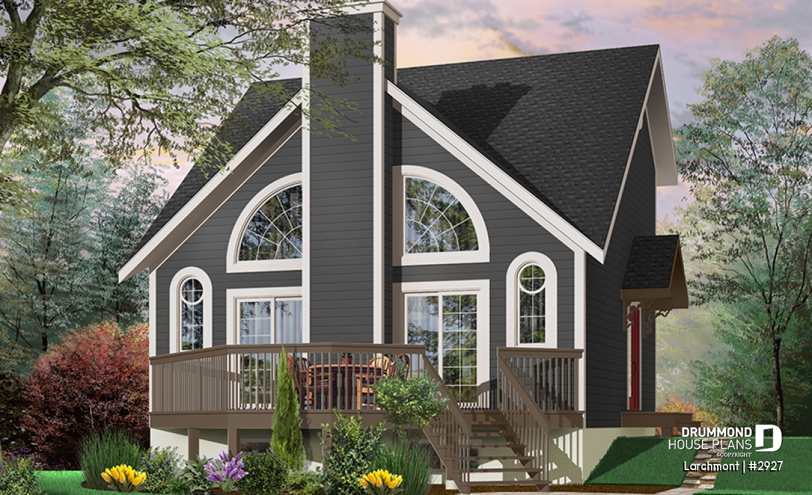 front - BASE MODEL - One bedroom A-frame cabin plan, lots of  lights, fireplace, mezzanine, large master suite, unfinished basement - Larchmont