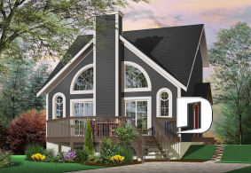 front - BASE MODEL - One bedroom A-frame cabin plan, lots of  lights, fireplace, mezzanine, large master suite, unfinished basement - Larchmont