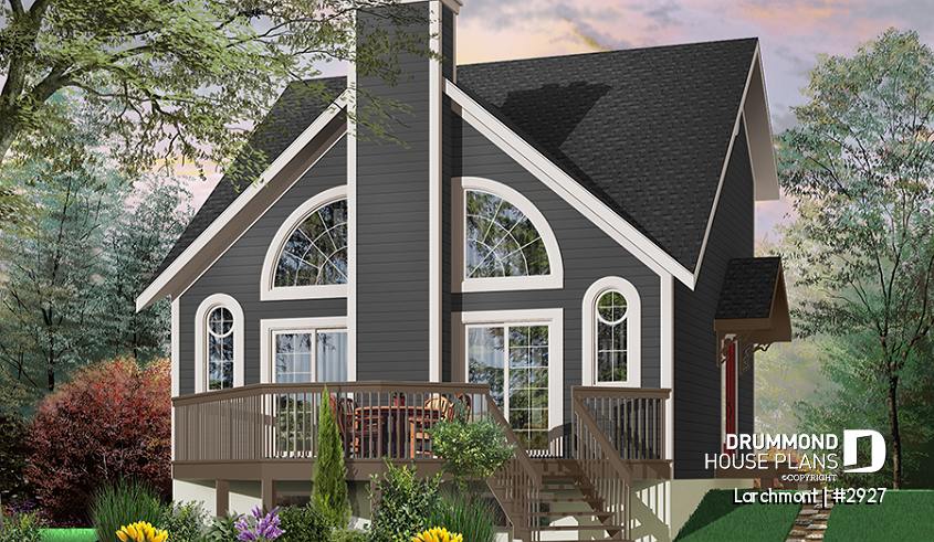 front - BASE MODEL - One bedroom A-frame cabin plan, lots of  lights, fireplace, mezzanine, large master suite, unfinished basement - Larchmont