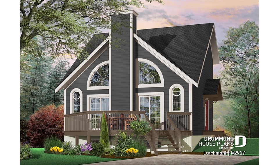 front - BASE MODEL - One bedroom A-frame cabin plan, lots of  lights, fireplace, mezzanine, large master suite, unfinished basement - Larchmont