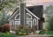 front - BASE MODEL - One bedroom A-frame cabin plan, lots of  lights, fireplace, mezzanine, large master suite, unfinished basement - Larchmont