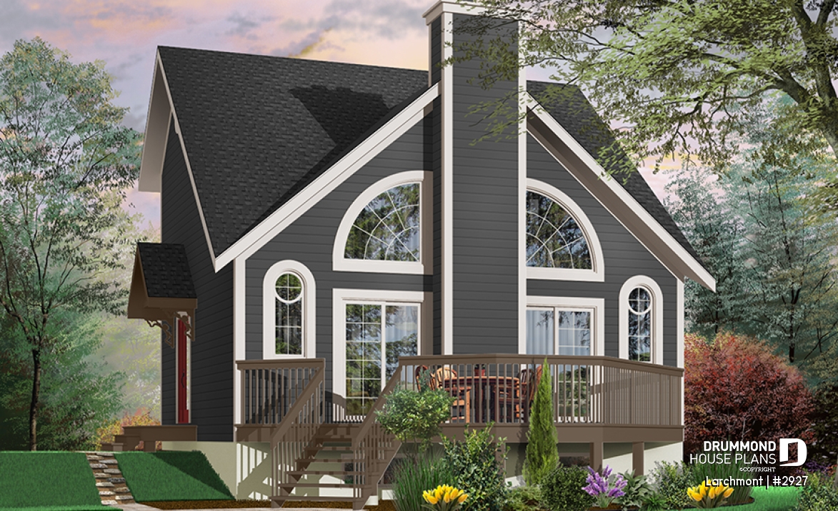 front - BASE MODEL - One bedroom A-frame cabin plan, lots of  lights, fireplace, mezzanine, large master suite, unfinished basement - Larchmont
