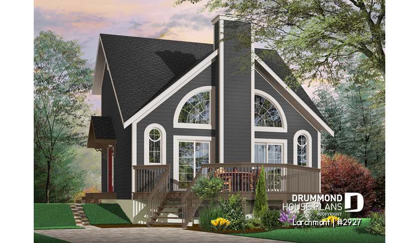 front - BASE MODEL - One bedroom A-frame cabin plan, lots of  lights, fireplace, mezzanine, large master suite, unfinished basement - Larchmont