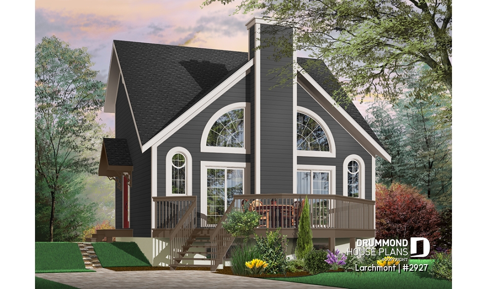 front - BASE MODEL - One bedroom A-frame cabin plan, lots of  lights, fireplace, mezzanine, large master suite, unfinished basement - Larchmont