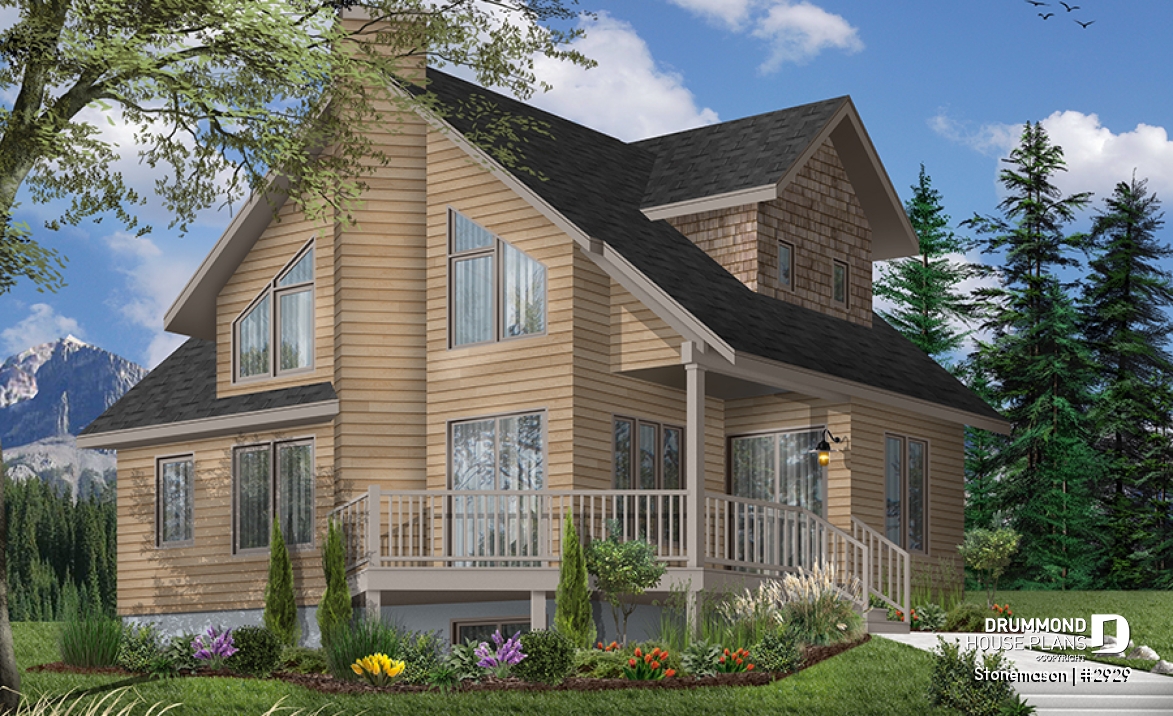 front - BASE MODEL - Rustic cottage house plan, ski chalet, 2 large bedrooms, open concept, mezzanine, deck - Stonemason