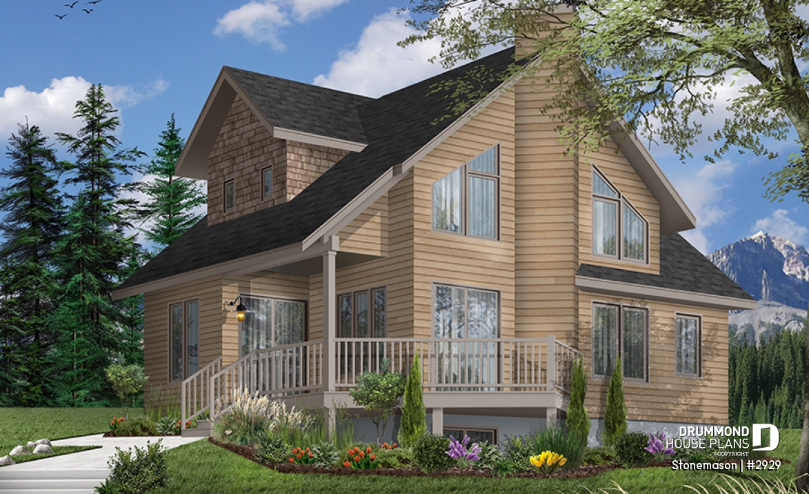 front - BASE MODEL - Rustic cottage house plan, ski chalet, 2 large bedrooms, open concept, mezzanine, deck - Stonemason