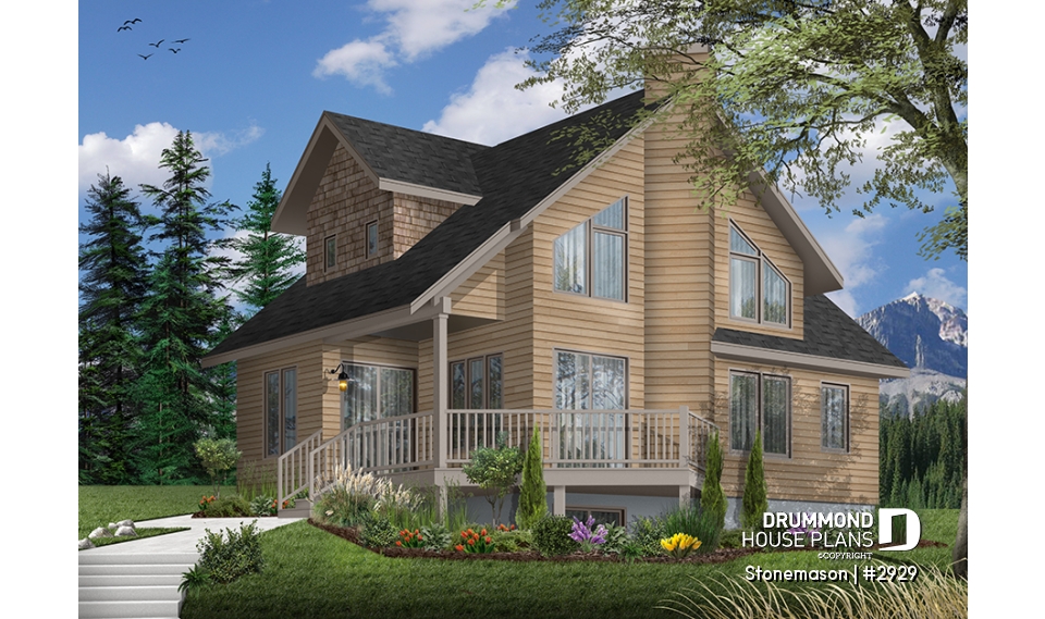 front - BASE MODEL - Rustic cottage house plan, ski chalet, 2 large bedrooms, open concept, mezzanine, deck - Stonemason
