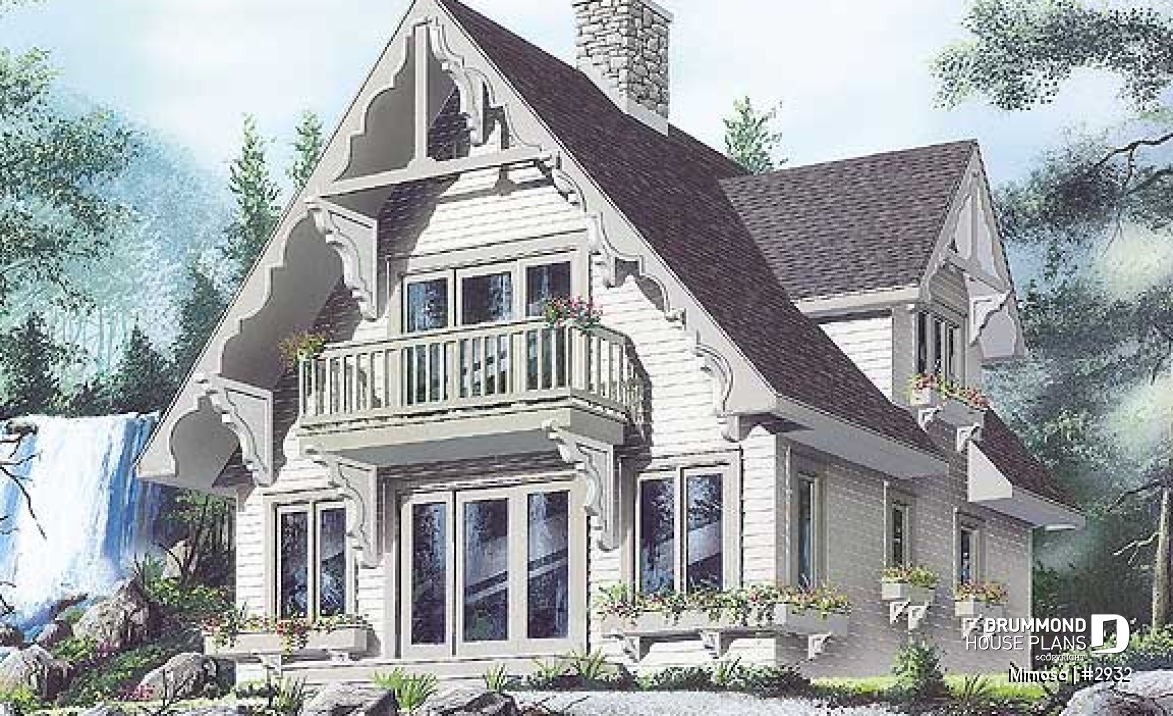 front - BASE MODEL - Swiss chalet style house plan, 3 bedrooms, 2 bathrooms, open floor plan layout with large fireplace - Mimosa