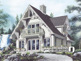 front - BASE MODEL - Swiss chalet style house plan, 3 bedrooms, 2 bathrooms, open floor plan layout with large fireplace - Mimosa