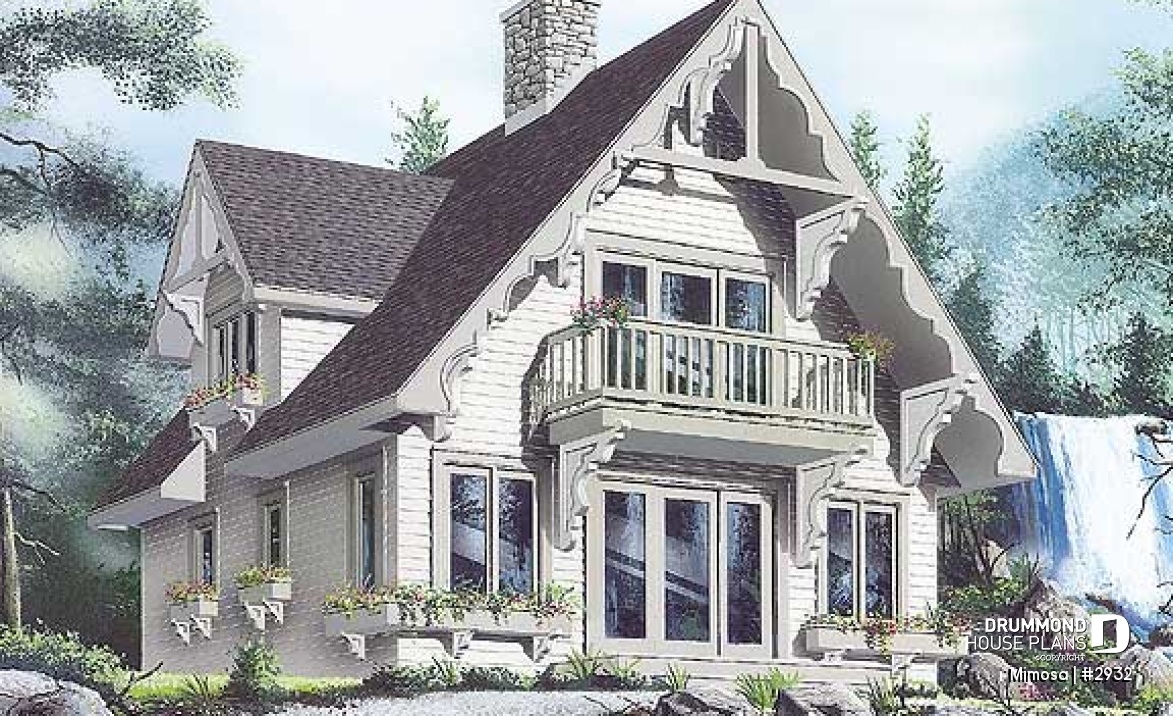 front - BASE MODEL - Swiss chalet style house plan, 3 bedrooms, 2 bathrooms, open floor plan layout with large fireplace - Mimosa