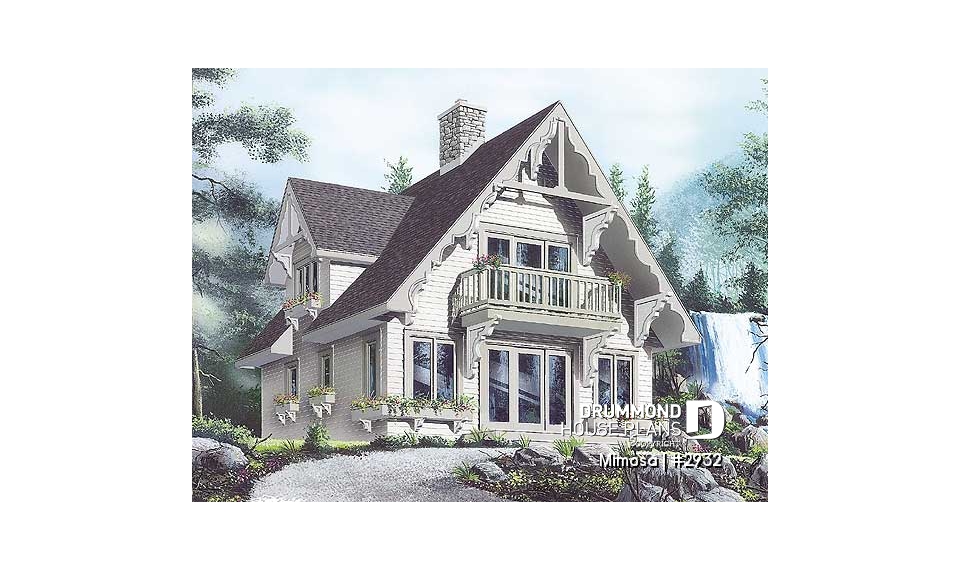 front - BASE MODEL - Swiss chalet style house plan, 3 bedrooms, 2 bathrooms, open floor plan layout with large fireplace - Mimosa