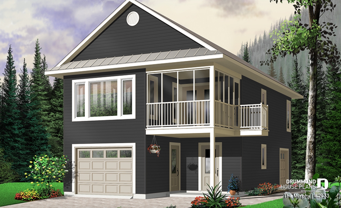 Color version 3 - Front - 2-car garage plan with 2 bedroom apartment above, open floor plan, screened-in balcony on second floor - The Murphy