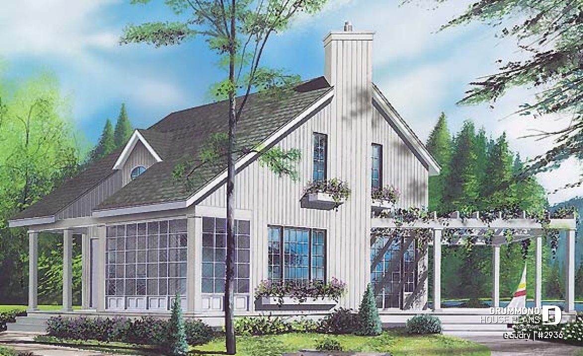 front - BASE MODEL - Budget friendly 2-story house plan with 2 bedrooms, 1.5 baths, fireplace, open dining and living concept - Gaudry