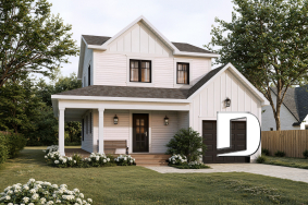 front - BASE MODEL - Small country house plan with 2 or 3 bedroom options, panoramic views, garage - Larch Lake