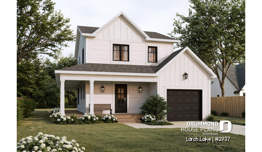 front - BASE MODEL of house plan 2937 front - BASE MODEL - Small country house plan with 2 or 3 bedroom options, panoramic views, garage - Larch Lake