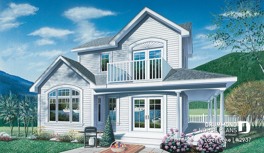 Rear view - BASE MODEL - Small country house plan with 2 or 3 bedroom options, panoramic views, garage - Larch Lake