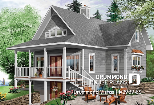 Rear view - BASE MODEL - Country Cottage with elevator, nice master suite, open floor plan, mezzanine and large covered patio - Drummond Vistas