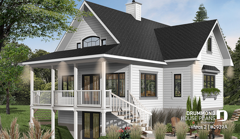 Color version 1 - Rear - A-Frame cottage house plan, 2 bedrooms + loft, cathedral ceiling, walkout basement - Vistas 2