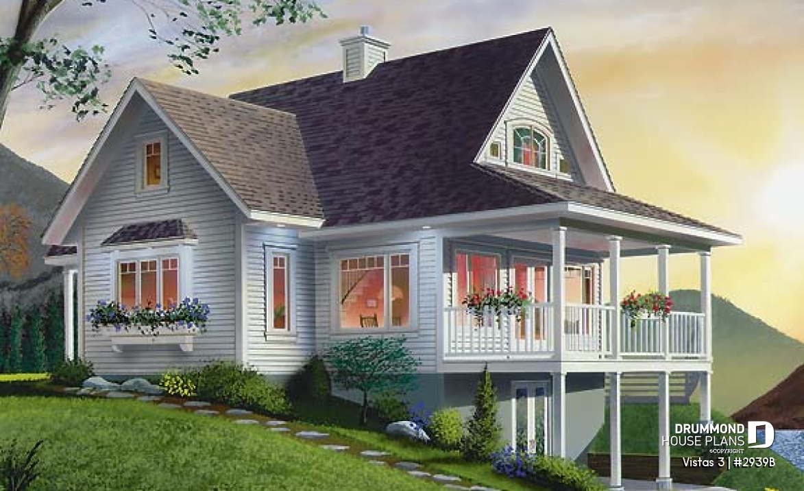 Rear view - BASE MODEL - Country cottage house plan, economical, walkout basement, large terrace, master on main - Vistas 3