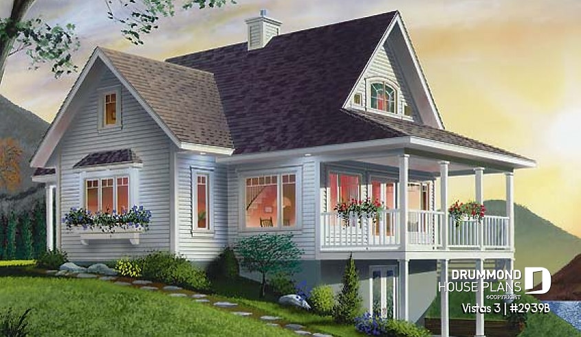 Rear view - BASE MODEL - Country cottage house plan, economical, walkout basement, large terrace, master on main - Vistas 3