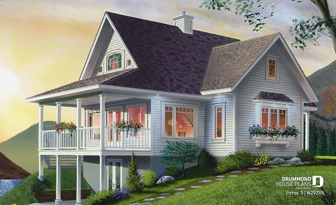 Rear view - BASE MODEL - Country cottage house plan, economical, walkout basement, large terrace, master on main - Vistas 3