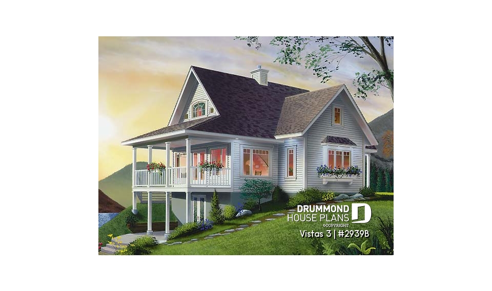 Rear view - BASE MODEL - Country cottage house plan, economical, walkout basement, large terrace, master on main - Vistas 3