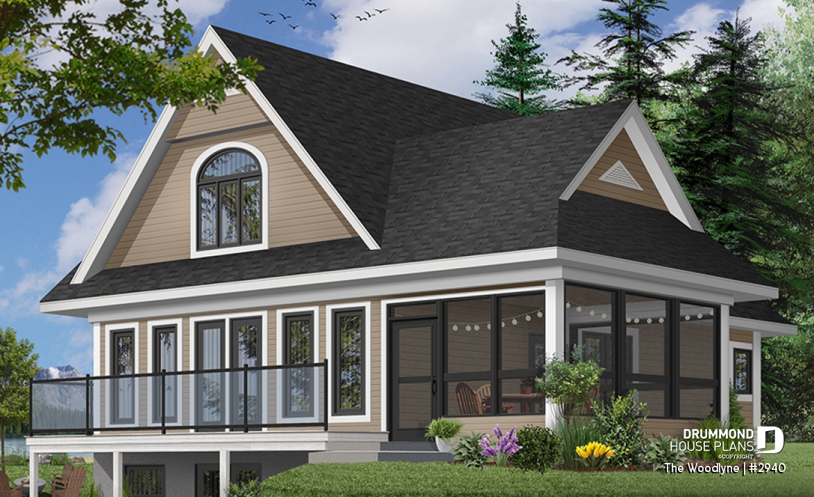Color version 8 - Rear - Country cottage house plan with 2 large bedrooms, open main floor concept, fireplace, screened-in porch - The Woodlyne
