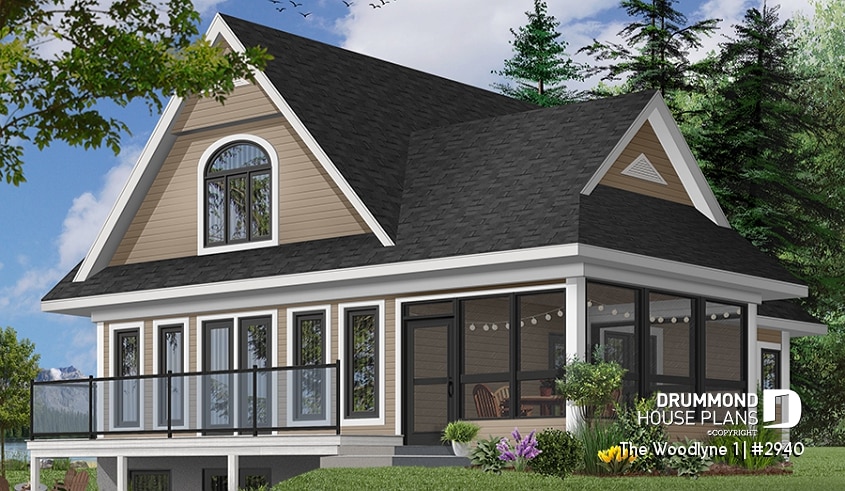 Color version 8 - Rear - Country cottage house plan with 2 large bedrooms, open main floor concept, fireplace, screened-in porch - The Woodlyne