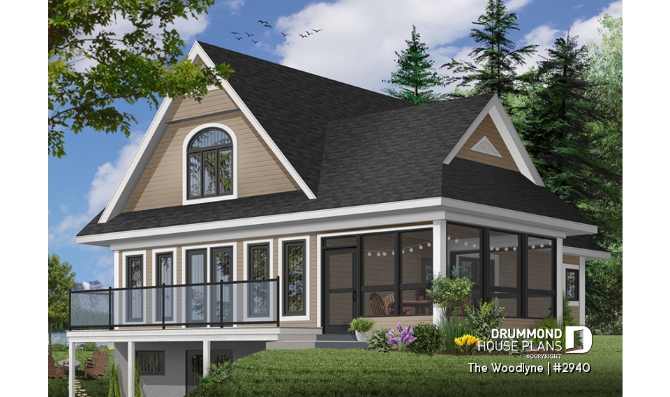 Color version 8 - Rear - Country cottage house plan with 2 large bedrooms, open main floor concept, fireplace, screened-in porch - The Woodlyne