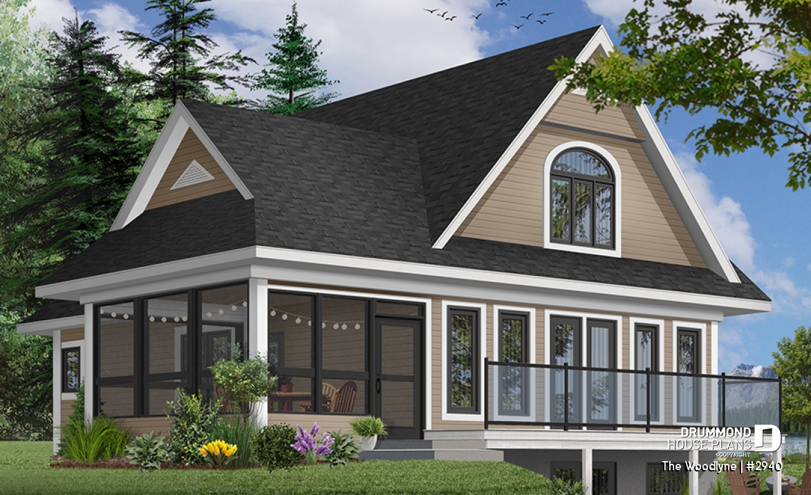 Color version 8 - Rear - Country cottage house plan with 2 large bedrooms, open main floor concept, fireplace, screened-in porch - The Woodlyne