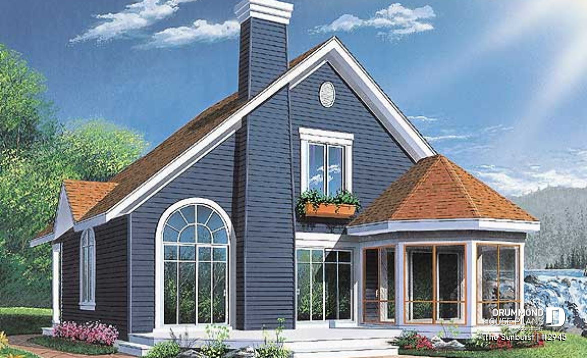 Rear view - BASE MODEL - Popular cottage house plan, 3 beds, 2 baths, panoramic view, master on main, open space, mezzanine - The Sunburst