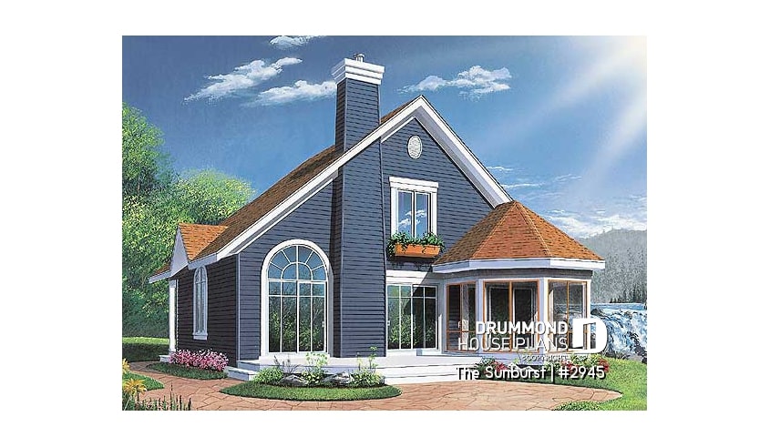 Rear view - BASE MODEL - Popular cottage house plan, 3 beds, 2 baths, panoramic view, master on main, open space, mezzanine - The Sunburst