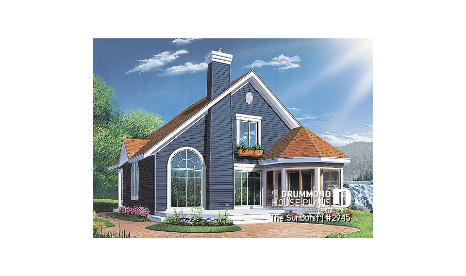 Rear view - BASE MODEL - Popular cottage house plan, 3 beds, 2 baths, panoramic view, master on main, open space, mezzanine - The Sunburst