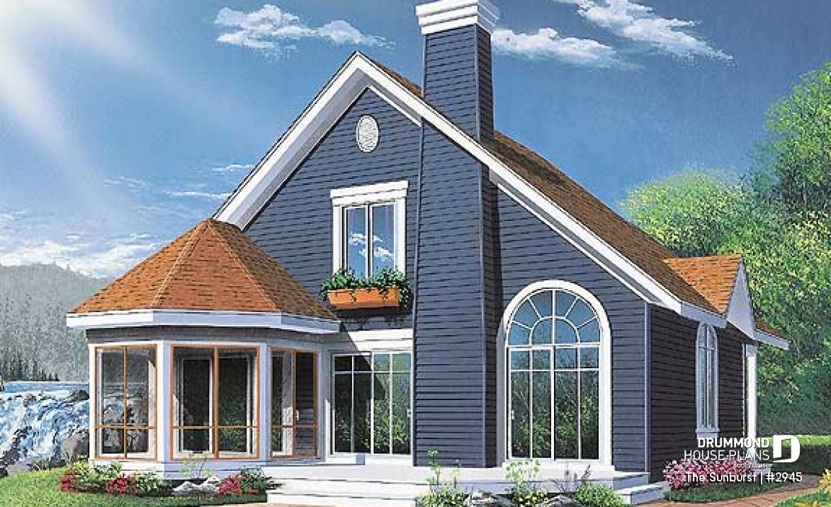 Rear view - BASE MODEL - Popular cottage house plan, 3 beds, 2 baths, panoramic view, master on main, open space, mezzanine - The Sunburst